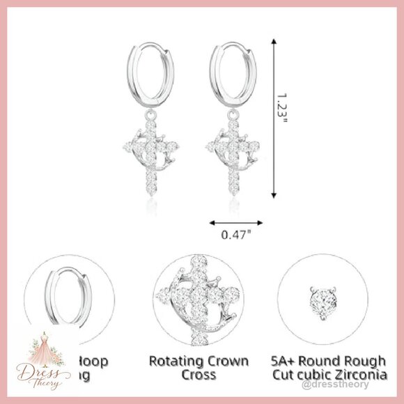 Silver Cross Dangle Earrings with Rhinestones, 360° Rotating Design - Picture 5 of 7